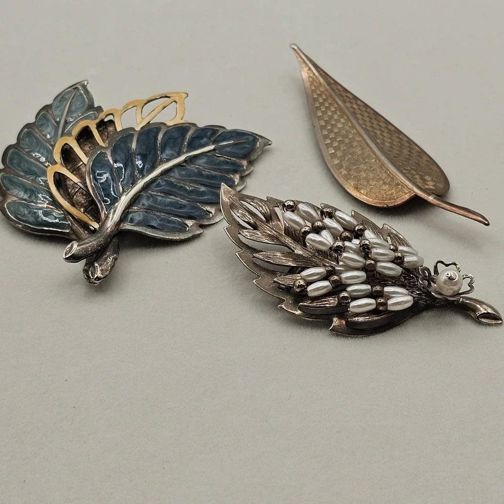 Vintage Leaf Brooch Pin Lot Statement Enamel Faux Pearl‎ Gold Silver Tone Nature